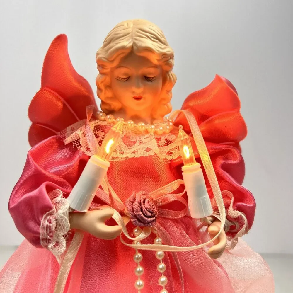 Angel Christmas Tree‎ Topper Lighted Bisque Face Pink Dress Flashing About 9